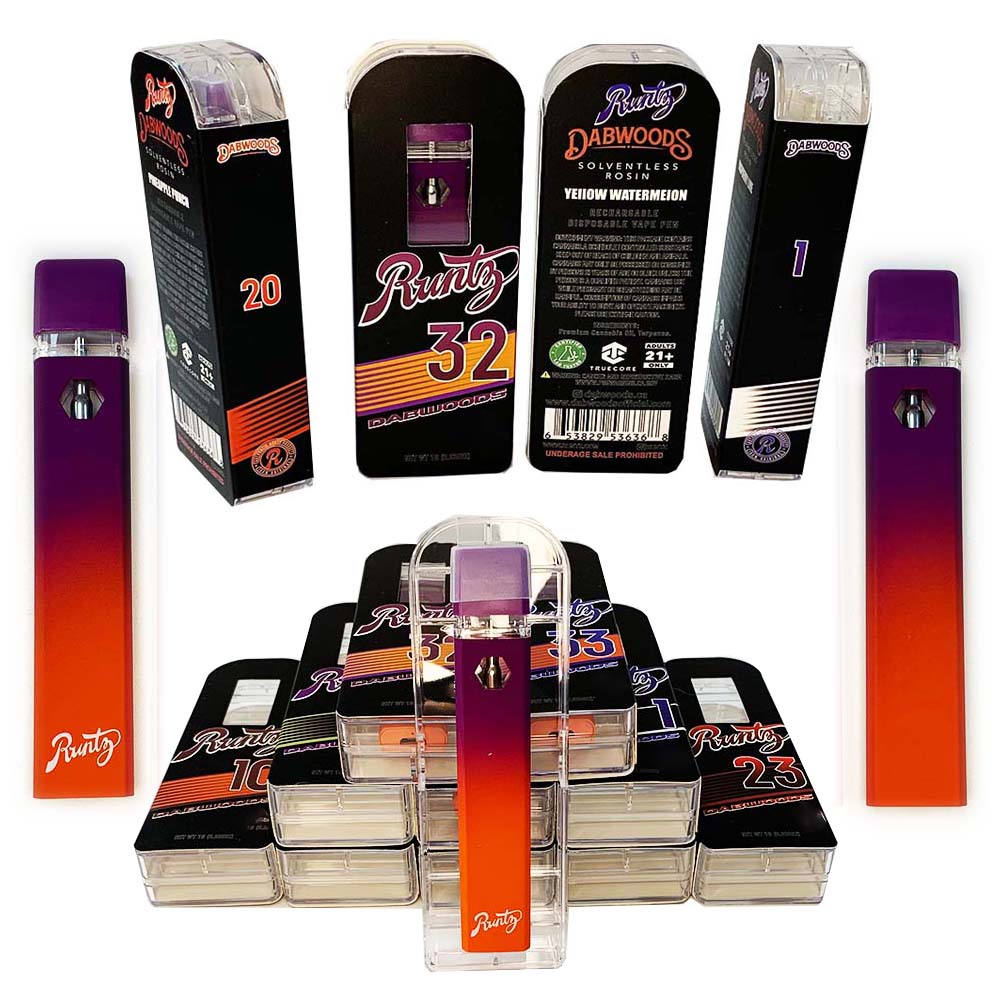 NEW Runty Dabwoods Disposable Vape Pens 280mah Rechargeable Battery 1.0ml Empty Vaporizer Pods Ceramic Coil Cartridges E cigarettes carts with packaging
NEW Runty Dabwoods Disposable Vape Pens 280mah Rechargeable Battery 1.0ml Empty Vaporizer Pods Ceramic Coil Cartridges E cigarettes carts with packaging
