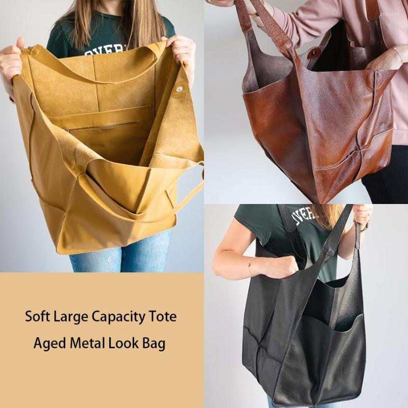 Free Shipping Evening Bags Casual Soft Large Capacity Tote Women Handbags Aged Metal Look Leather Shoulder Bag Retro Big Shopper Clutch