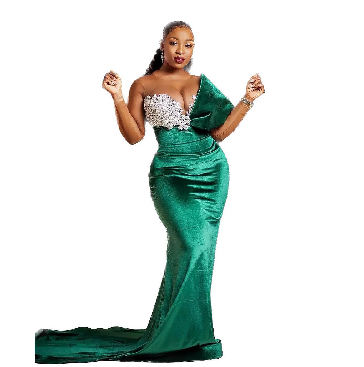 Dark Green 2023 Sheer Neck Velvet Evening Dresses Sexy Sleevelss Plus Size African Prom Gowns GB1221