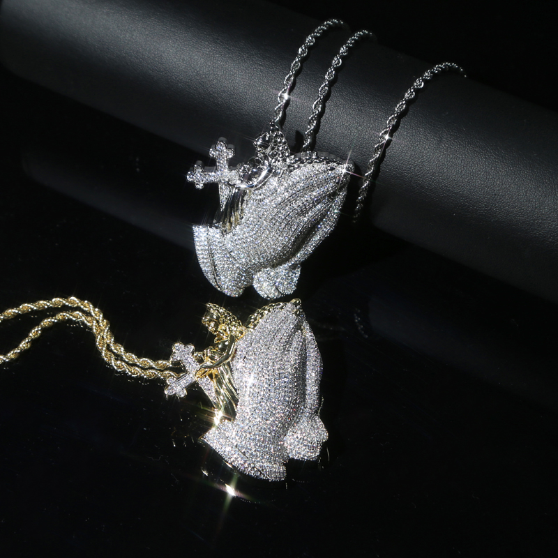 Iced out bling hand cross pendant paved full cz stone with rope chain necklace for women men punk styles hip hop jewelry wholesale
