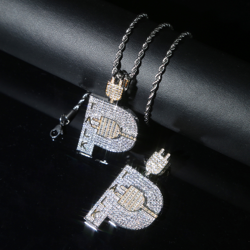 Iced Out Hip Hop Plug Pendant Paved Full Cz with Rope Chain Necklace Plated Two Tone for Men Boy Punk Style Jewelry Drop Ship