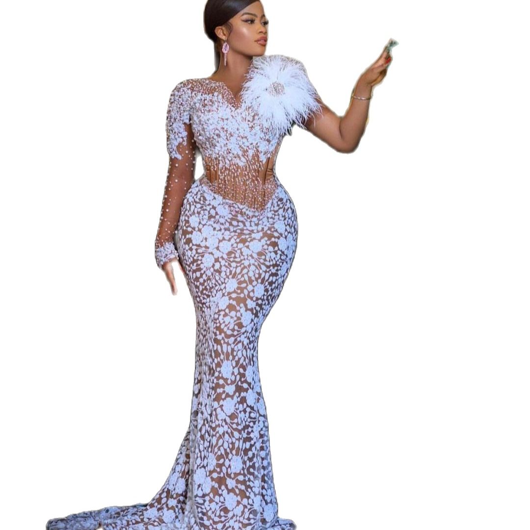 Shoulder Lace One Mermaid Wedding Dresses Fashion Feather Beading Bridal Gowns Custom Made Dress Vestido De Novia