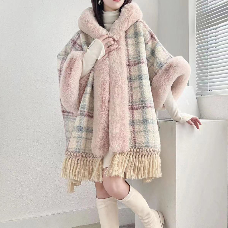Womens faux fur hooded loose palazzo plaid pattern woolen plus velvet liner thickening warm tassel cape coat