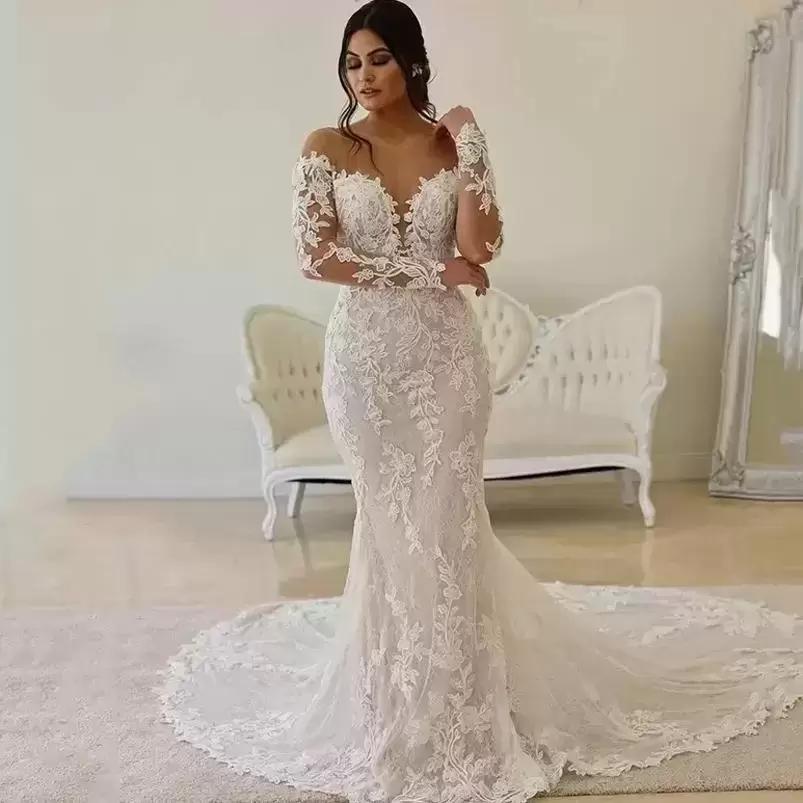 Mermaid Sexy Wedding Dresses Crystal Beads Lace Appliques Jewel Neck Illusion Long Sleeves Bridal Gowns Chapel Train Robe De Mariee Plus Size Open Bac