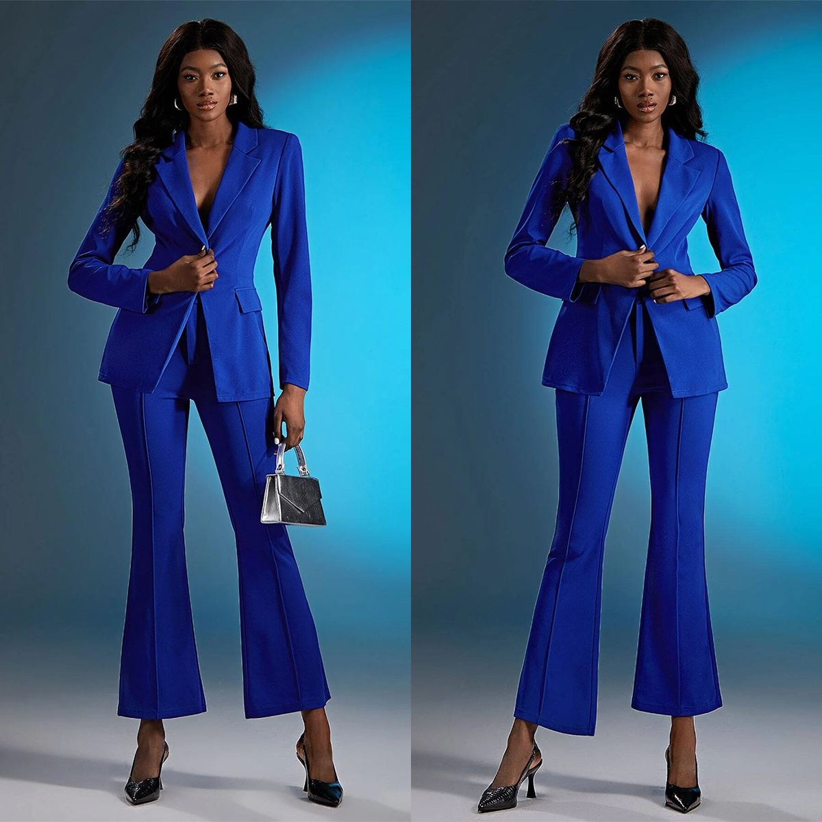 Blue Office Lady Pant Suits Slim Fit Loose Leg Evening Party Women Tuxedos Outfit Wear 2 Pieces