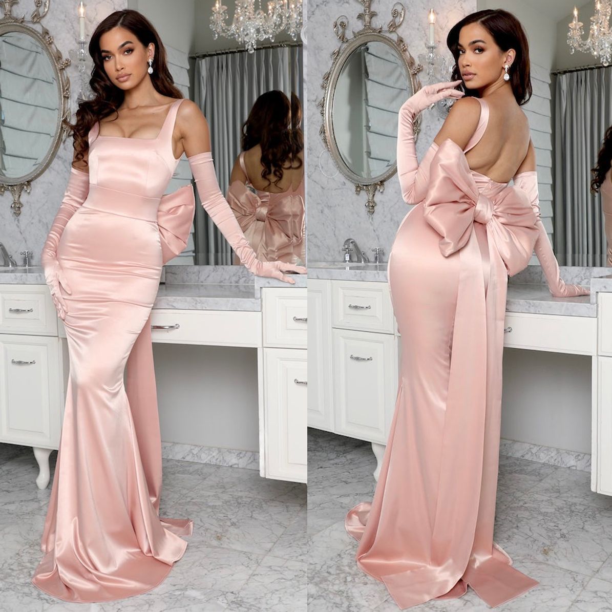 Graceful Pink Mermaid Evening Dresses Simple Square Neck Big Bow Prom Dress Backless Floor Length Formal Party Gowns