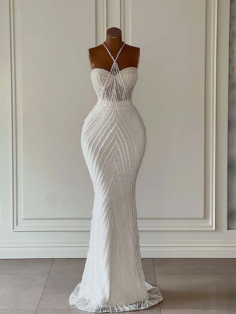 Custom Made Luxurious Mermaid Weddding Dress Beads Halter Neck Pearls Beading Women Formal Bride Gowns
