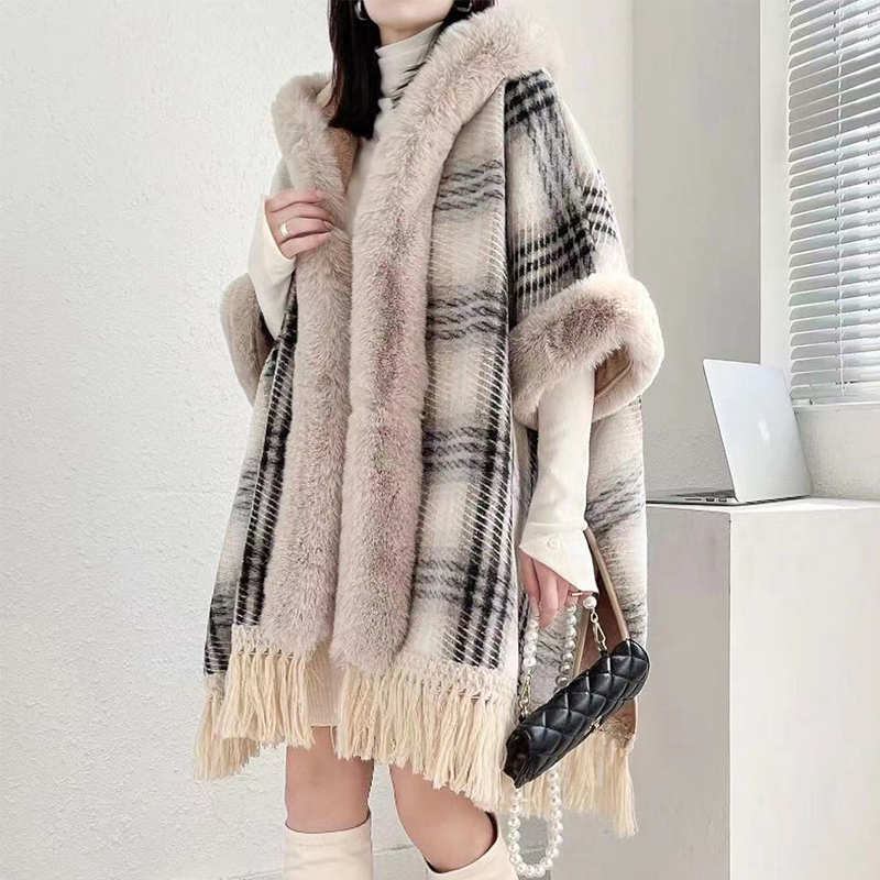 Womens faux fur hooded loose palazzo plaid pattern woolen plus velvet liner thickening warm tassel cape coat