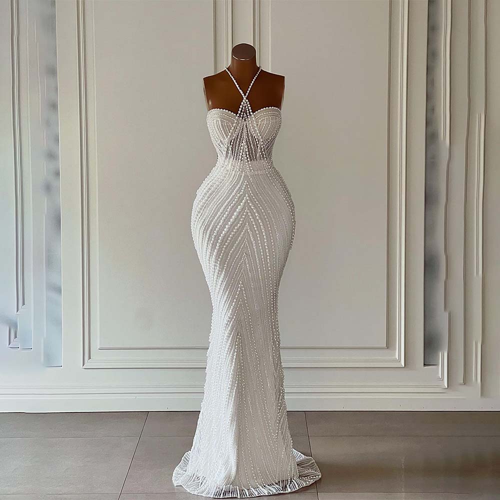 Custom Made Luxurious Mermaid Weddding Dress Beads Halter Neck Pearls Beading Women Formal Bride Gowns