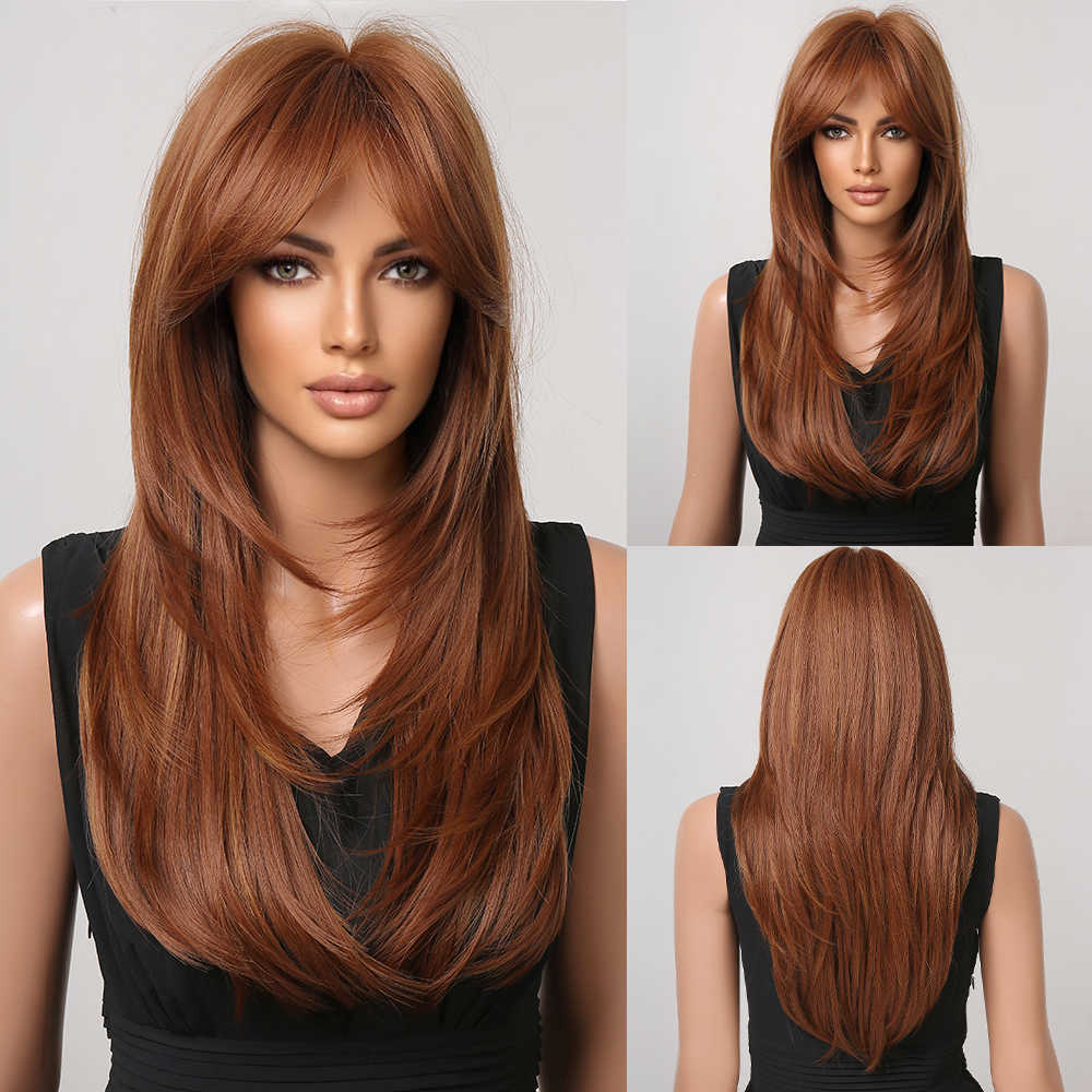 Synthetic Wigs Easihair Long Straight Wigs with Bangs Black to Brown Ombre Synthetic for Women Daily Natural Hair Heat Resistant 230227