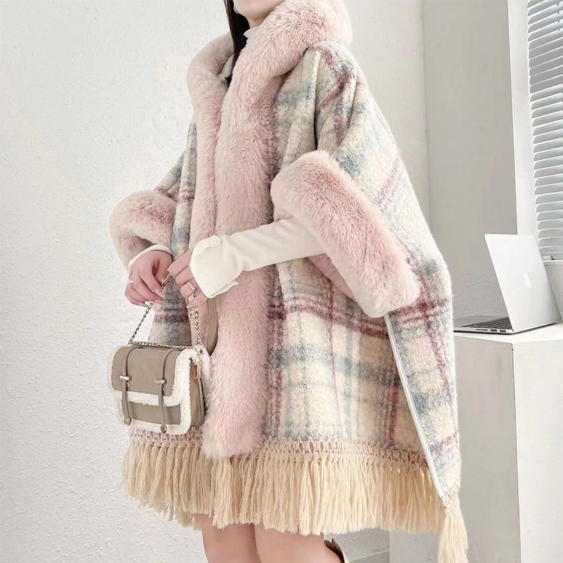 Womens faux fur hooded loose palazzo plaid pattern woolen plus velvet liner thickening warm tassel cape coat