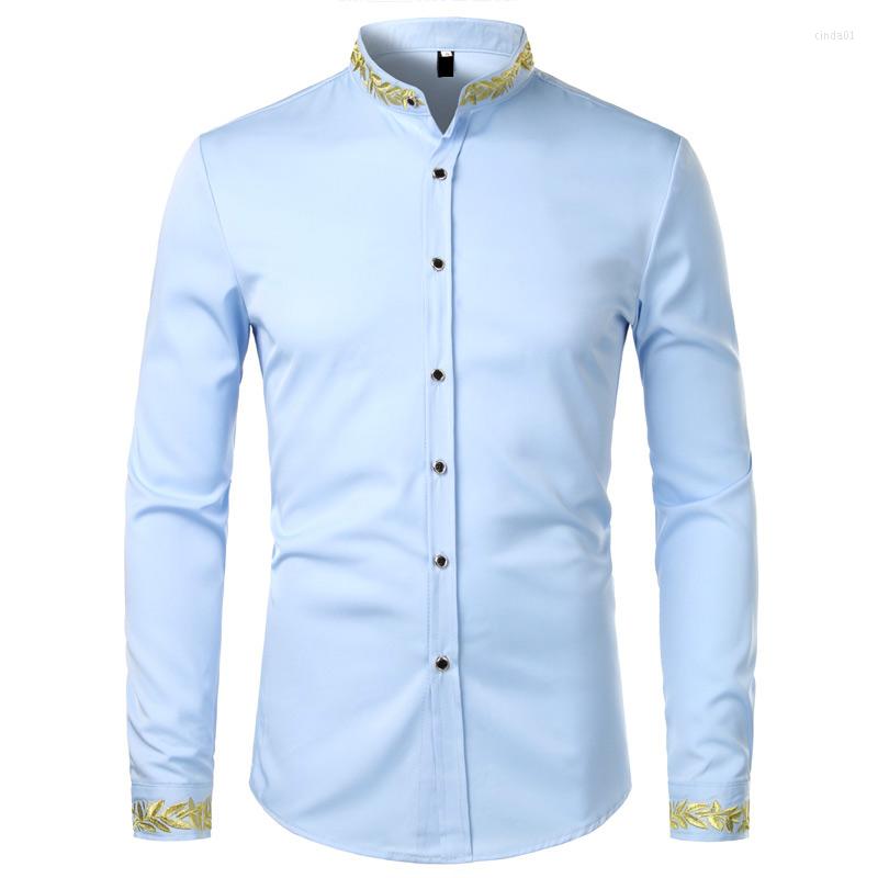 Men's Casual Shirts Black Gold Embroidery Shirt Men Spring Mens Dress Stand Collar Button Up Chemise Homme Camisa Masculina
