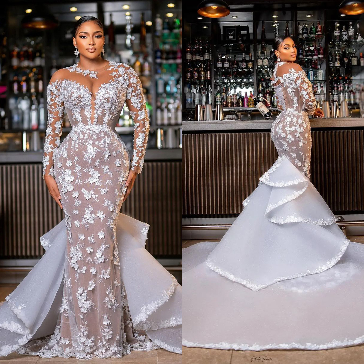 Glamorous Mermaid Wedding Dresses Jewel High Waist Long Sleeves 3D-Floral Applicants Zipper Chapel Gown Custom Made Plus Size Bridal Gowns Vestidos De