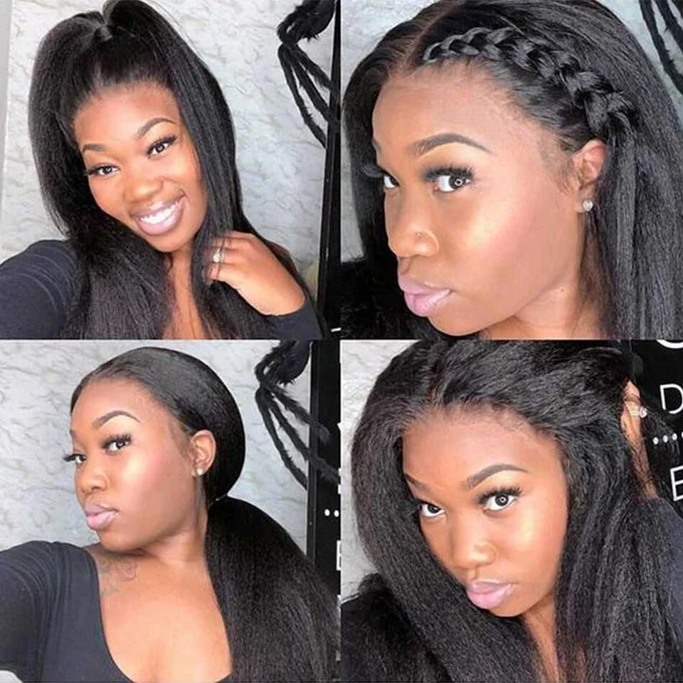 13x4 Lace Front Wig Kinky Straight Pre Plucked Synthetic Hair Wigs 180 Density Natural Black Women dh5727163