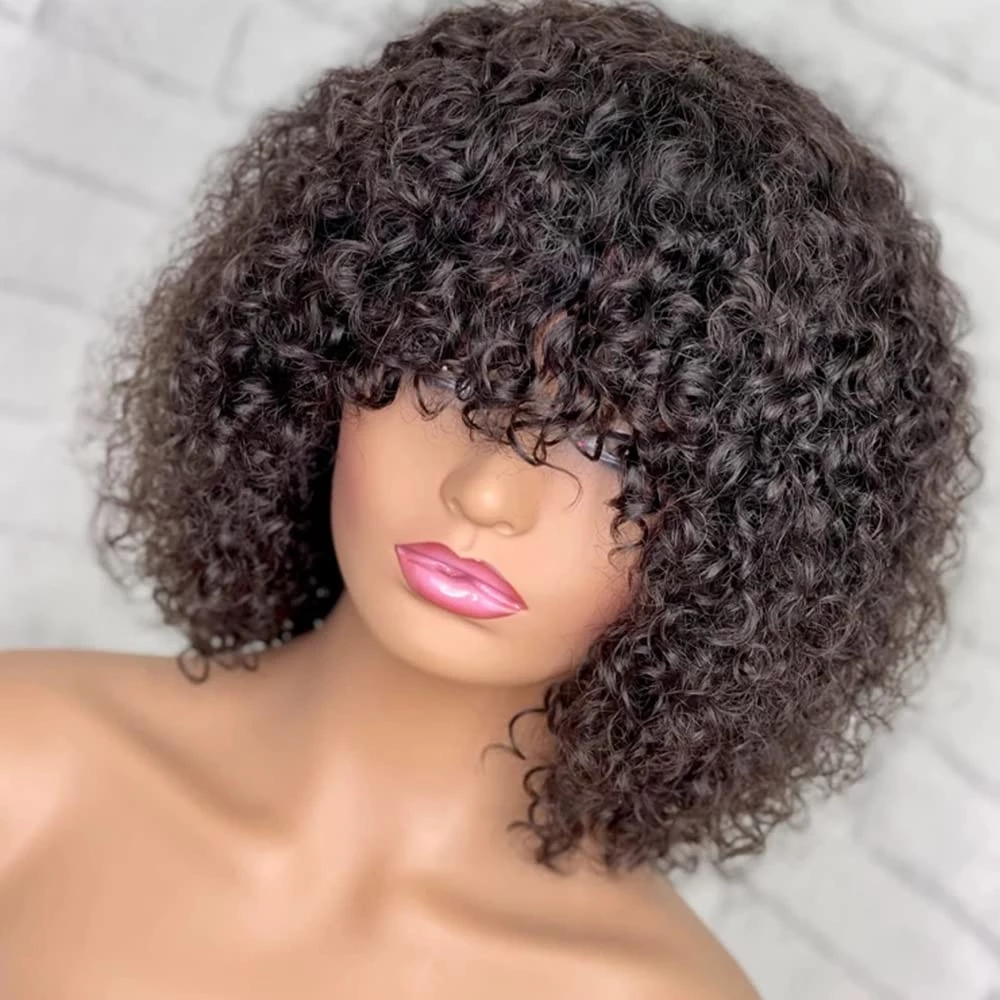 16INCH Short Curly Bob Wig With Bangs Human Hair Natural black Bouncy Shaggy Fringe Bang Wigs For Women Real Brazilian Remy Hair