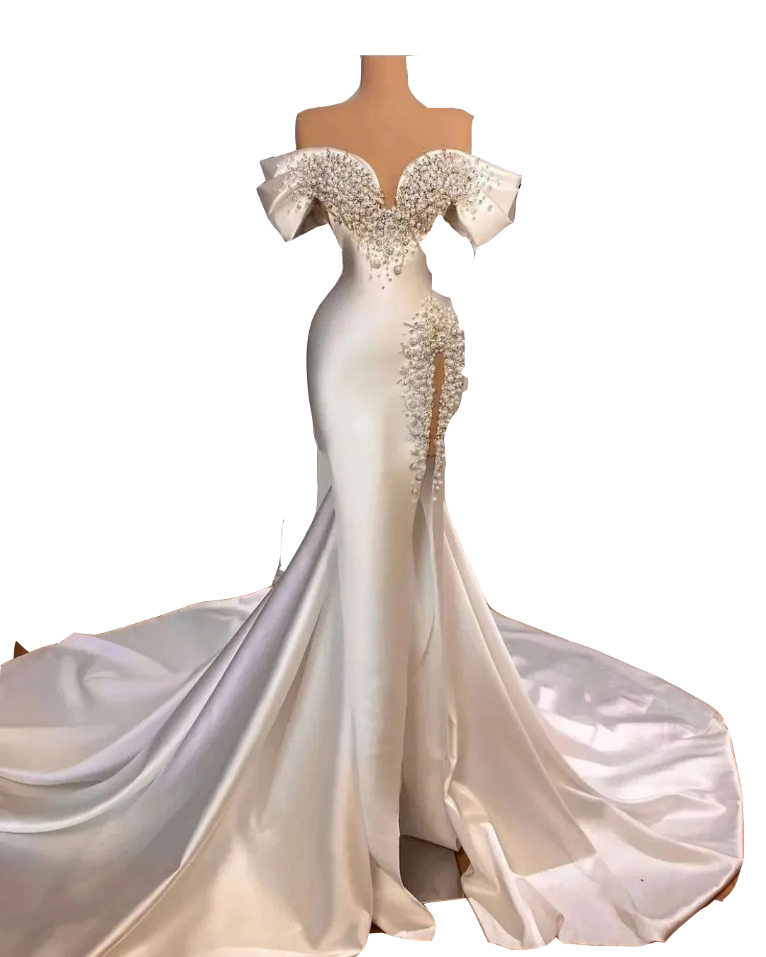 Sexy Mermaid Wedding Dresses Crystal Beads Pearls Off Shoulder Illusion Short Sleeves Bridal Gowns Chapel Train Satin Side Split Robe De Mariee Plus S