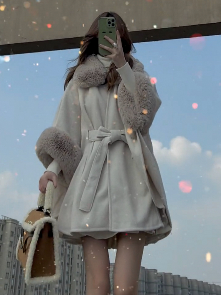 Womens faux fur collar batwing sleeve woolen sashes medium long cape coat casacos