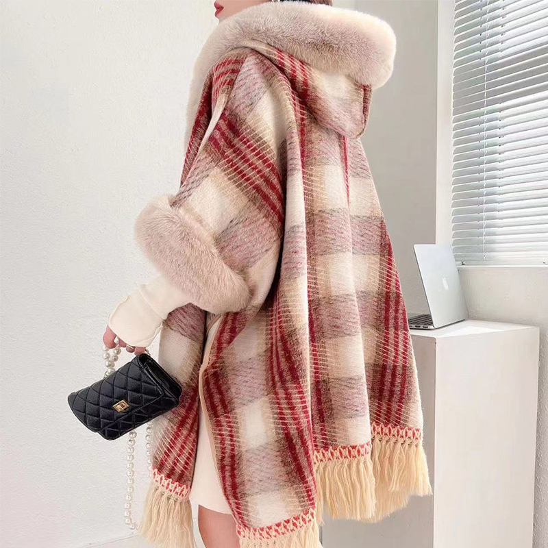 Womens faux fur hooded loose palazzo plaid pattern woolen plus velvet liner thickening warm tassel cape coat