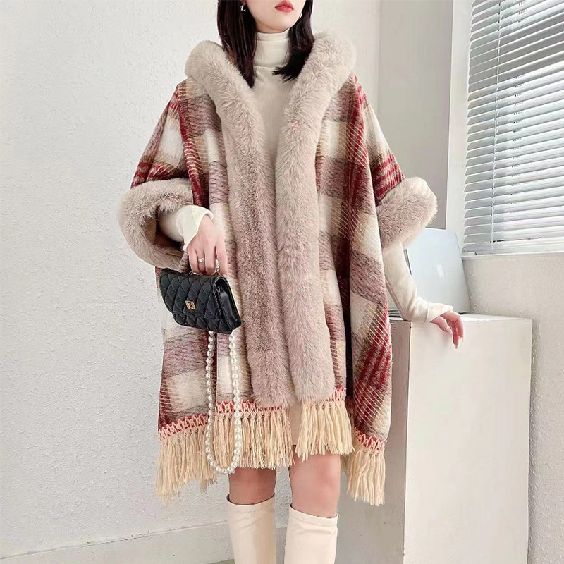 Womens faux fur hooded loose palazzo plaid pattern woolen plus velvet liner thickening warm tassel cape coat