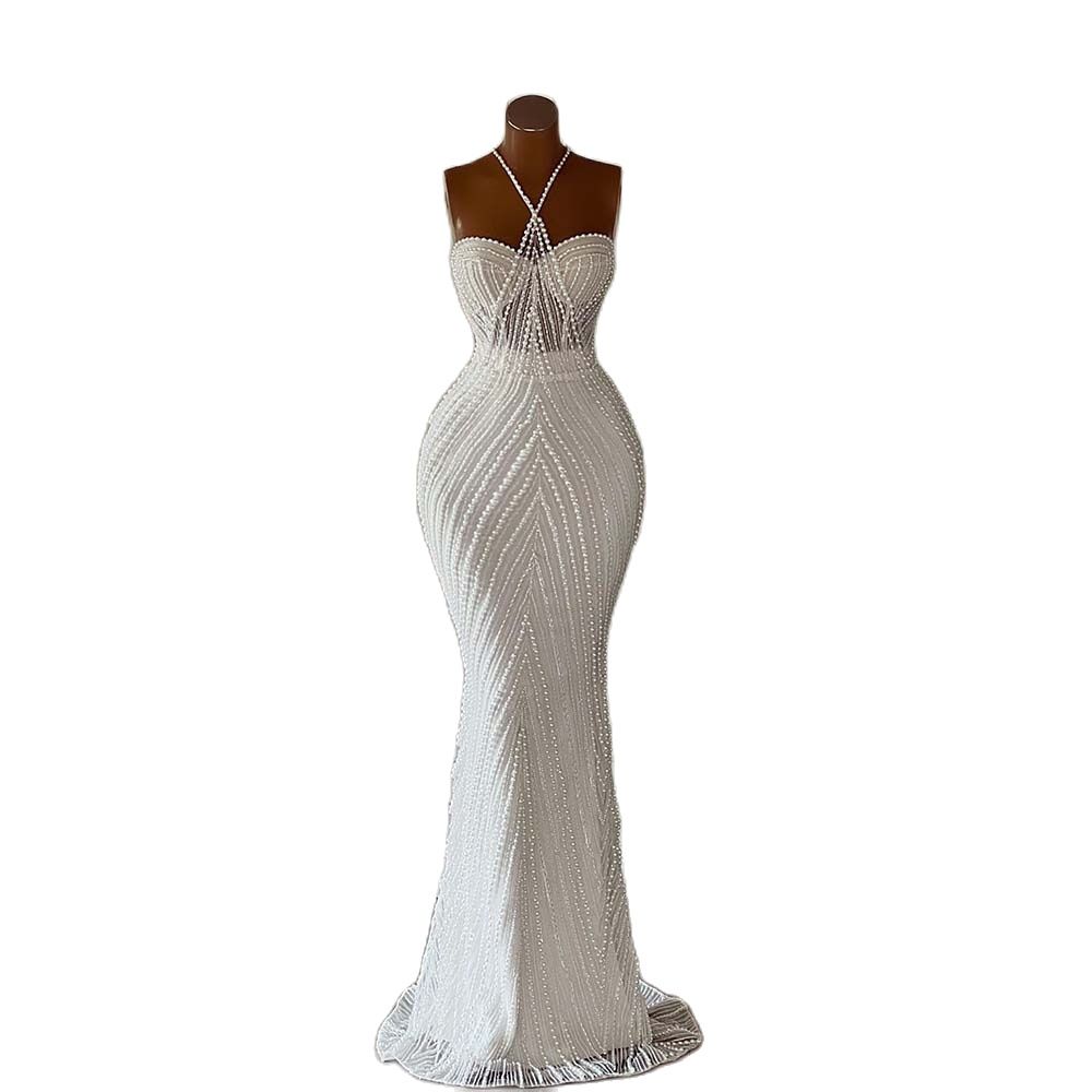 Custom Made Luxurious Mermaid Weddding Dress Beads Halter Neck Pearls Beading Women Formal Bride Gowns
