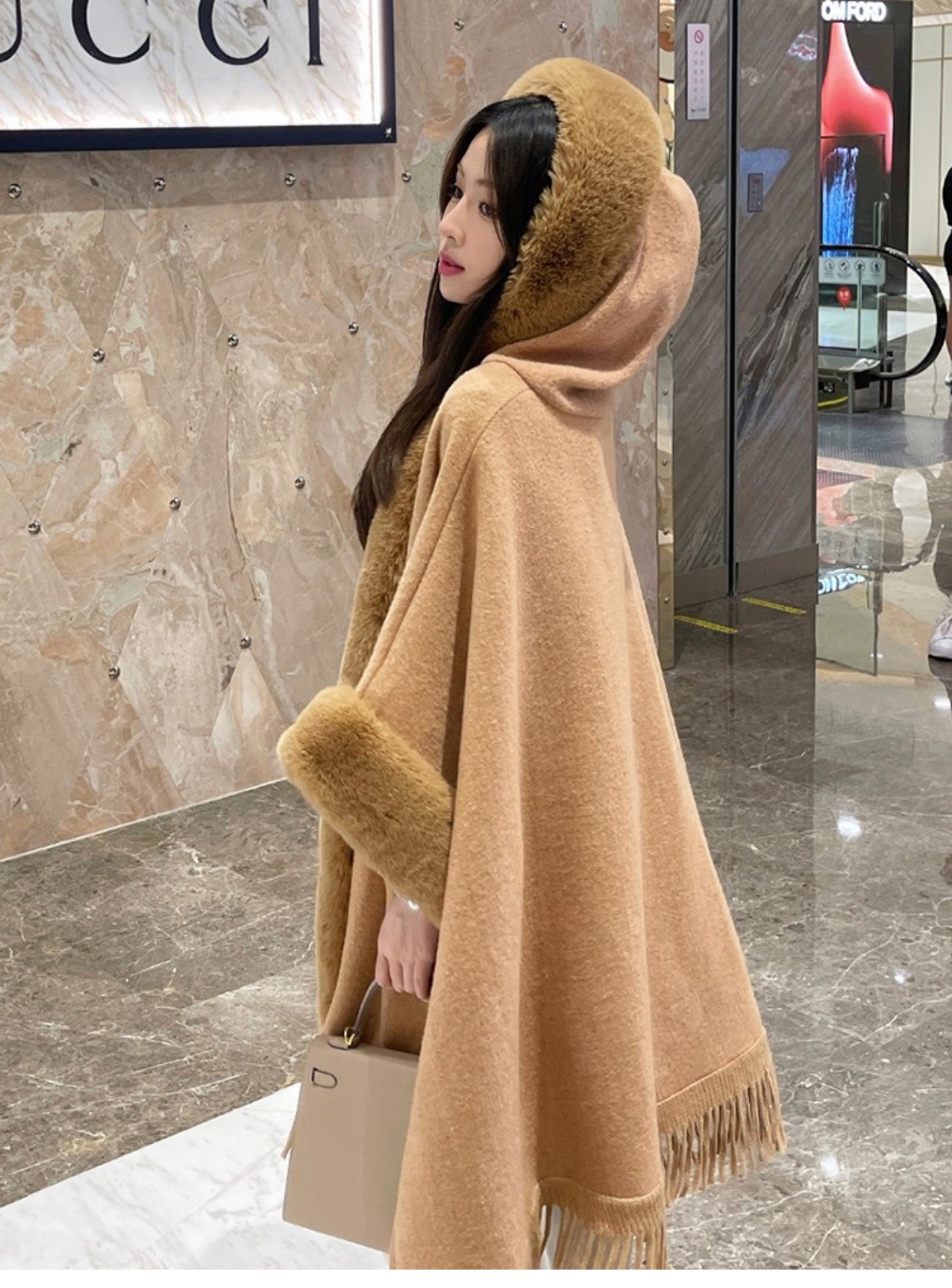 Womens faux fur hooded loose palazzo solid color woolen tassel fringe bottom cape coat