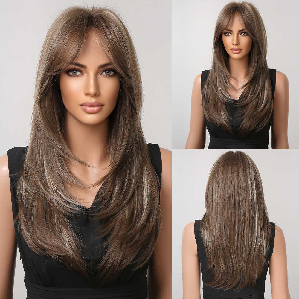 Synthetic Wigs Easihair Long Straight Wigs with Bangs Black to Brown Ombre Synthetic for Women Daily Natural Hair Heat Resistant 230227