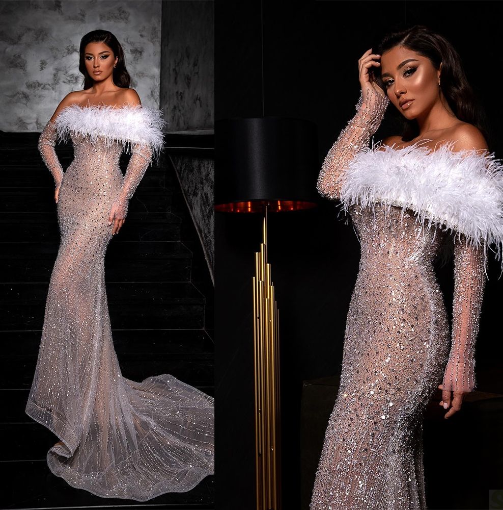 Feathers Exquisite Mermaid Prom Dresses Illusion Strapless Party Dresses Sequins Lace Custom Made Evening Dress