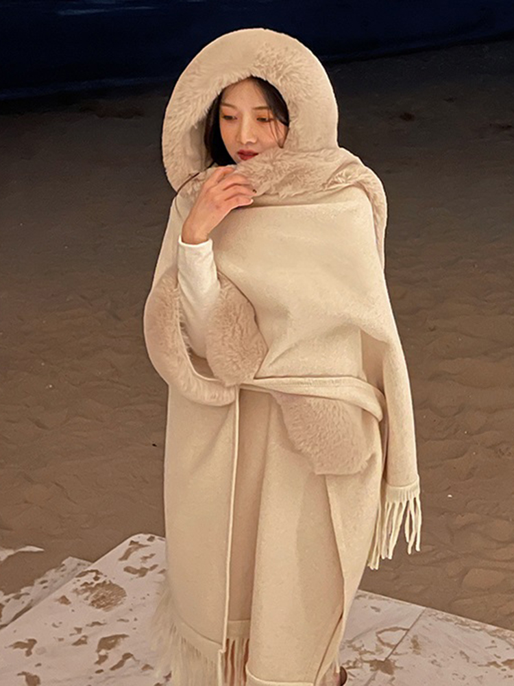 Womens faux fur hooded loose palazzo solid color woolen tassel fringe bottom cape coat