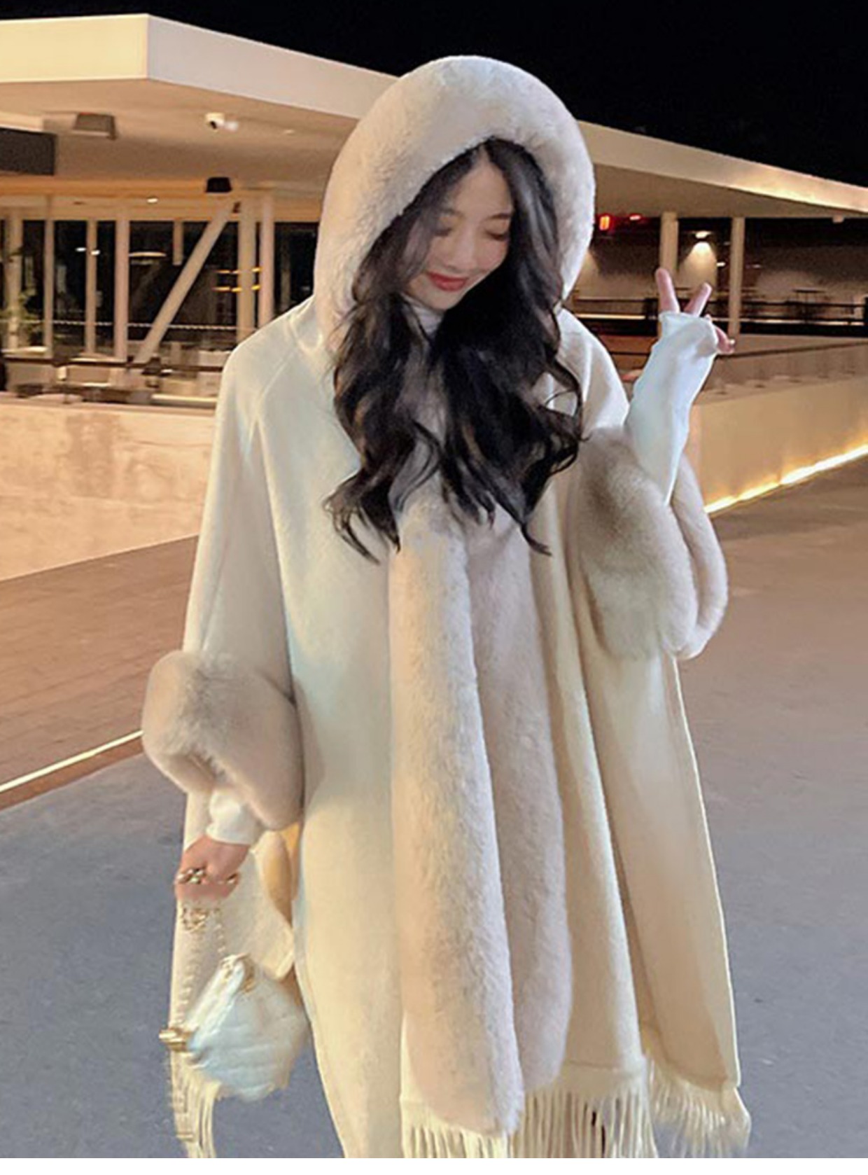 Womens faux fur hooded loose palazzo solid color woolen tassel fringe bottom cape coat