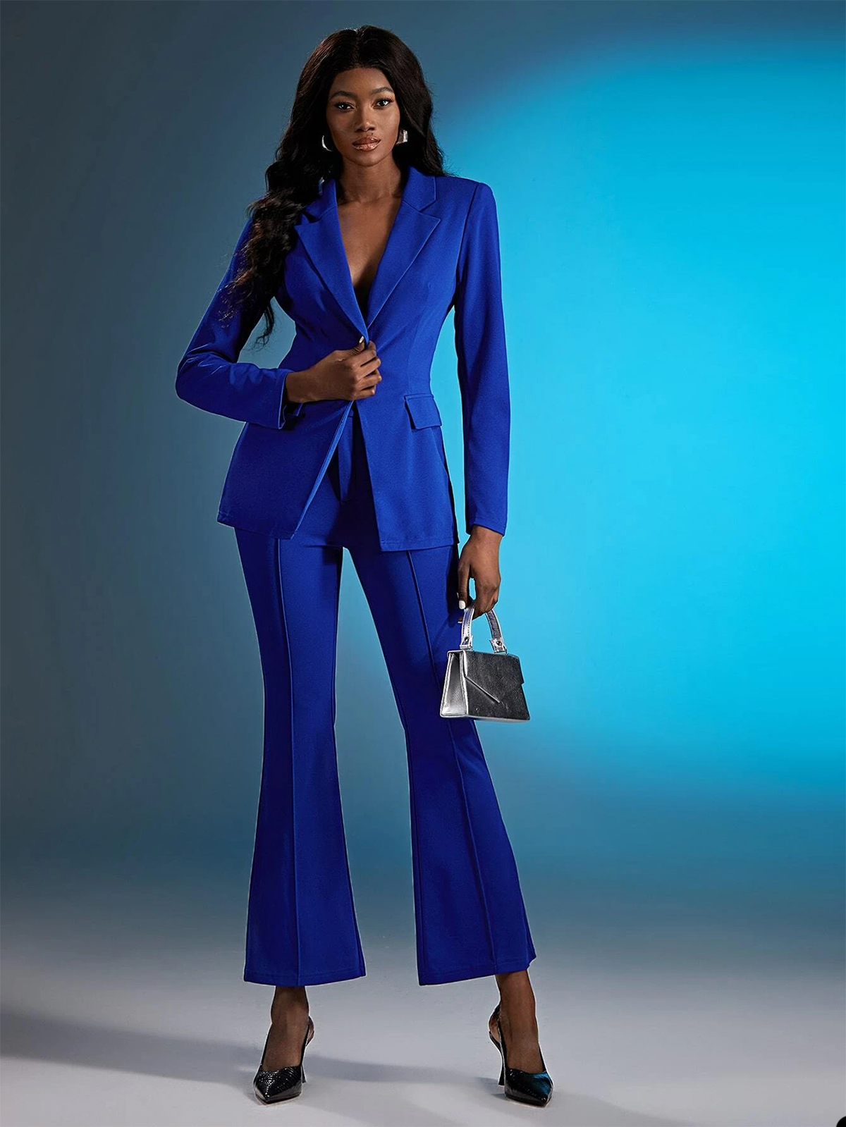Blue Office Lady Pant Suits Slim Fit Loose Leg Evening Party Women Tuxedos Outfit Wear 2 Pieces