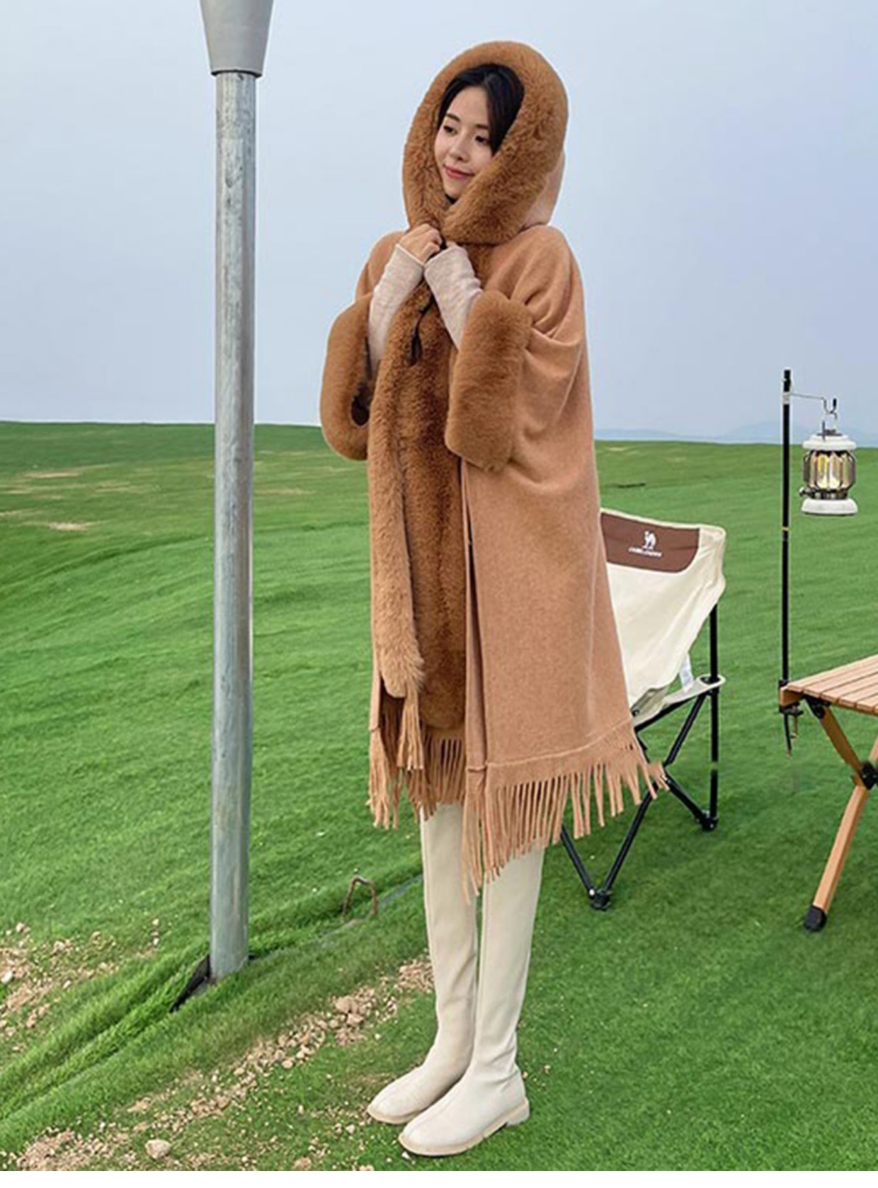 Womens faux fur hooded loose palazzo solid color woolen tassel fringe bottom cape coat