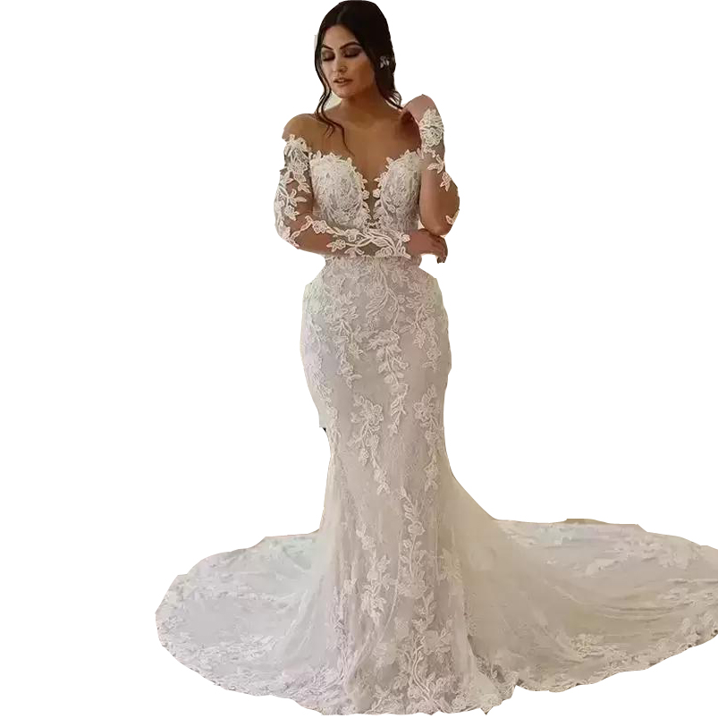Mermaid Sexy Wedding Dresses Crystal Beads Lace Appliques Jewel Neck Illusion Long Sleeves Bridal Gowns Chapel Train Robe De Mariee Plus Size Open Bac