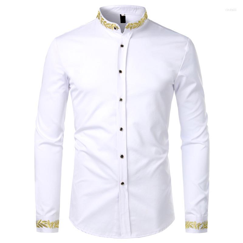 Men's Casual Shirts Black Gold Embroidery Shirt Men Spring Mens Dress Stand Collar Button Up Chemise Homme Camisa Masculina