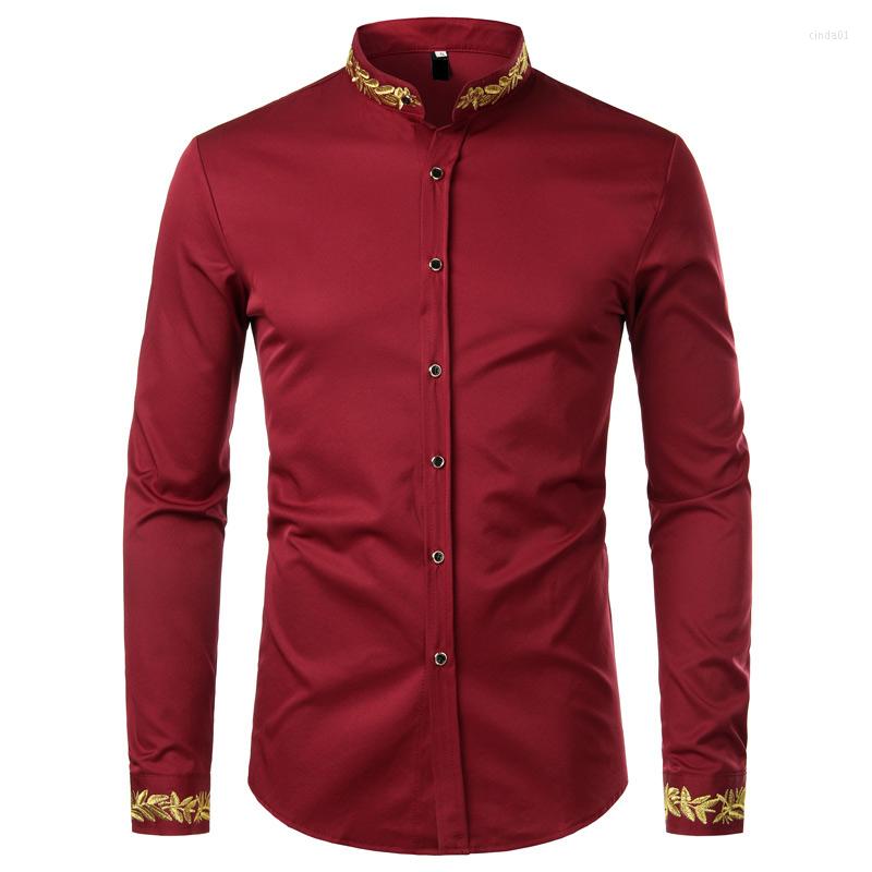Men's Casual Shirts Black Gold Embroidery Shirt Men Spring Mens Dress Stand Collar Button Up Chemise Homme Camisa Masculina