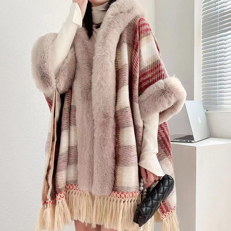 Womens faux fur hooded loose palazzo plaid pattern woolen plus velvet liner thickening warm tassel cape coat
