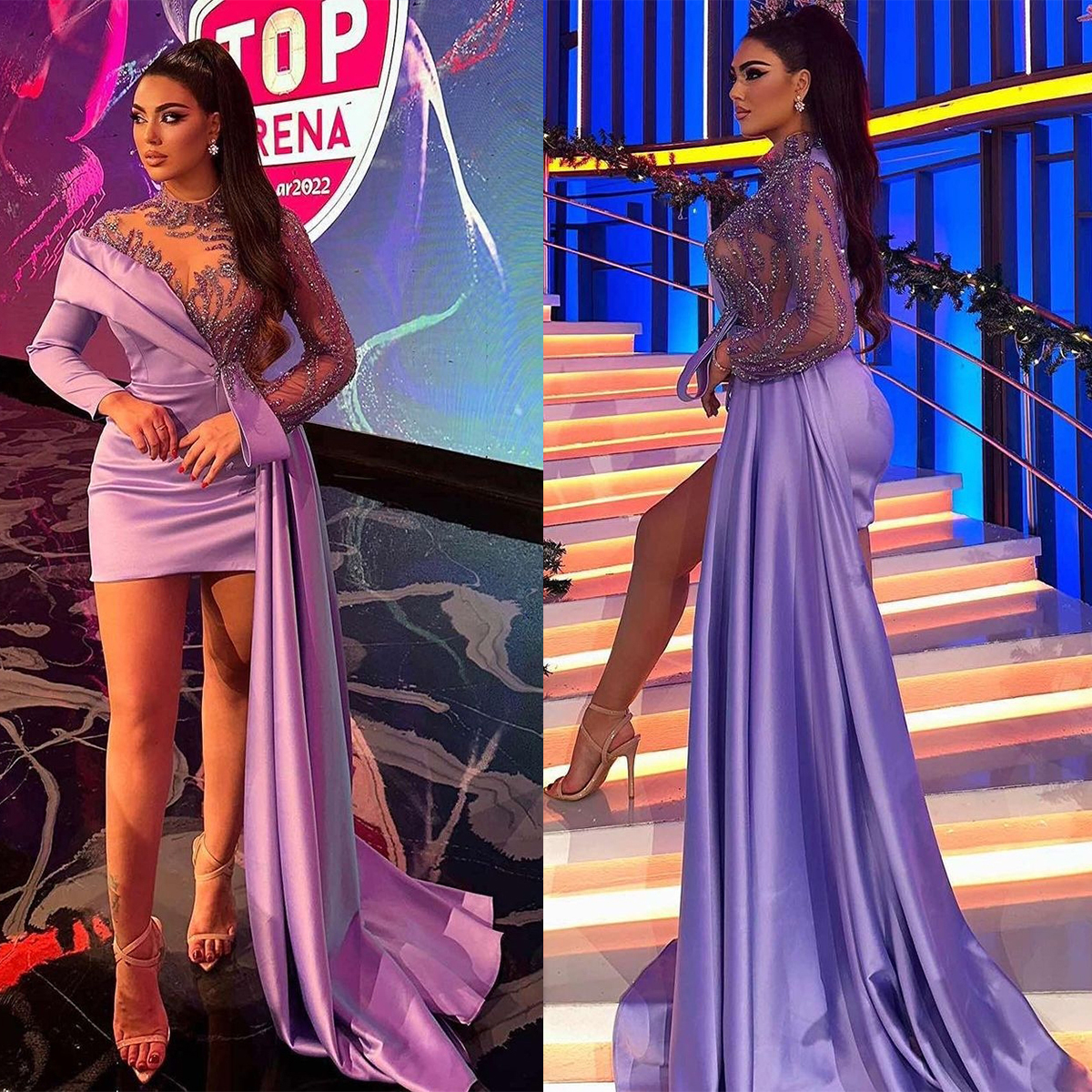 Glamorous Prom Dresses Mermaid Short Skirt Long Sleeve Jewel Soft Satin Tulle Special Design Applicant Zipper Court Gown Formal Gowns Party Wear