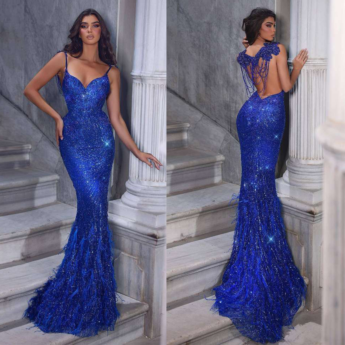 Glamorous Prom Dresses Mermaid Spaghetti Shining Sequined Art Deco-inspired Back Backless Zipper Floor Length with Feather Formal Gowns Party Wear