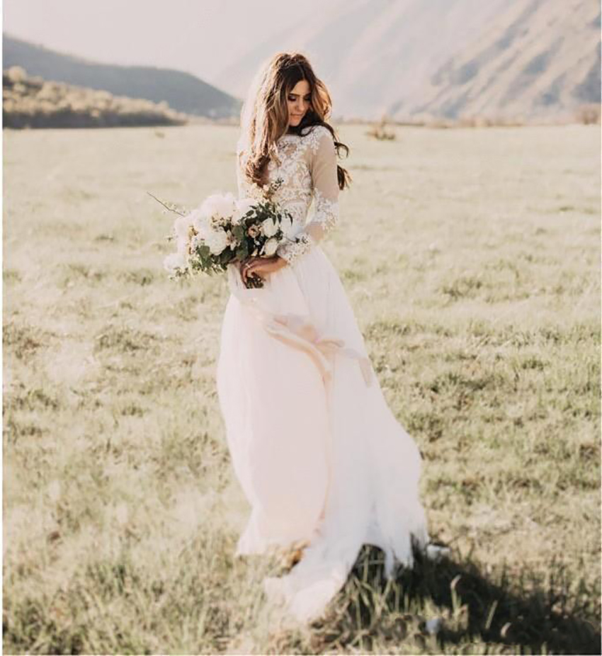 Bohemian Country Wedding Dresses New Cheap Sheer Long Sleeve with Lace Appliques Bridal Gowns A-e Vestido De Novia Custom