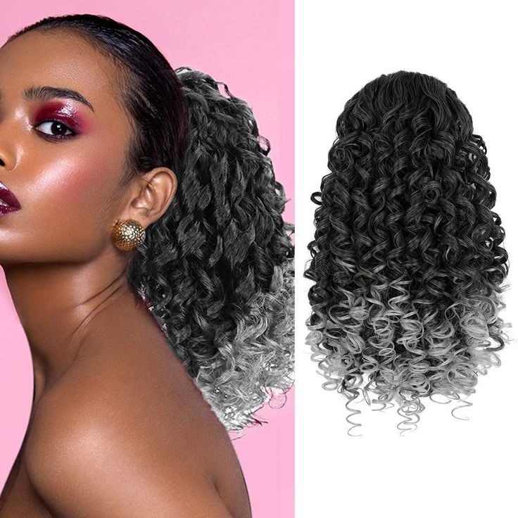 Ombre black to gray ponytail cornwavy drawstring ponytails human corn wave with 2 clips for women