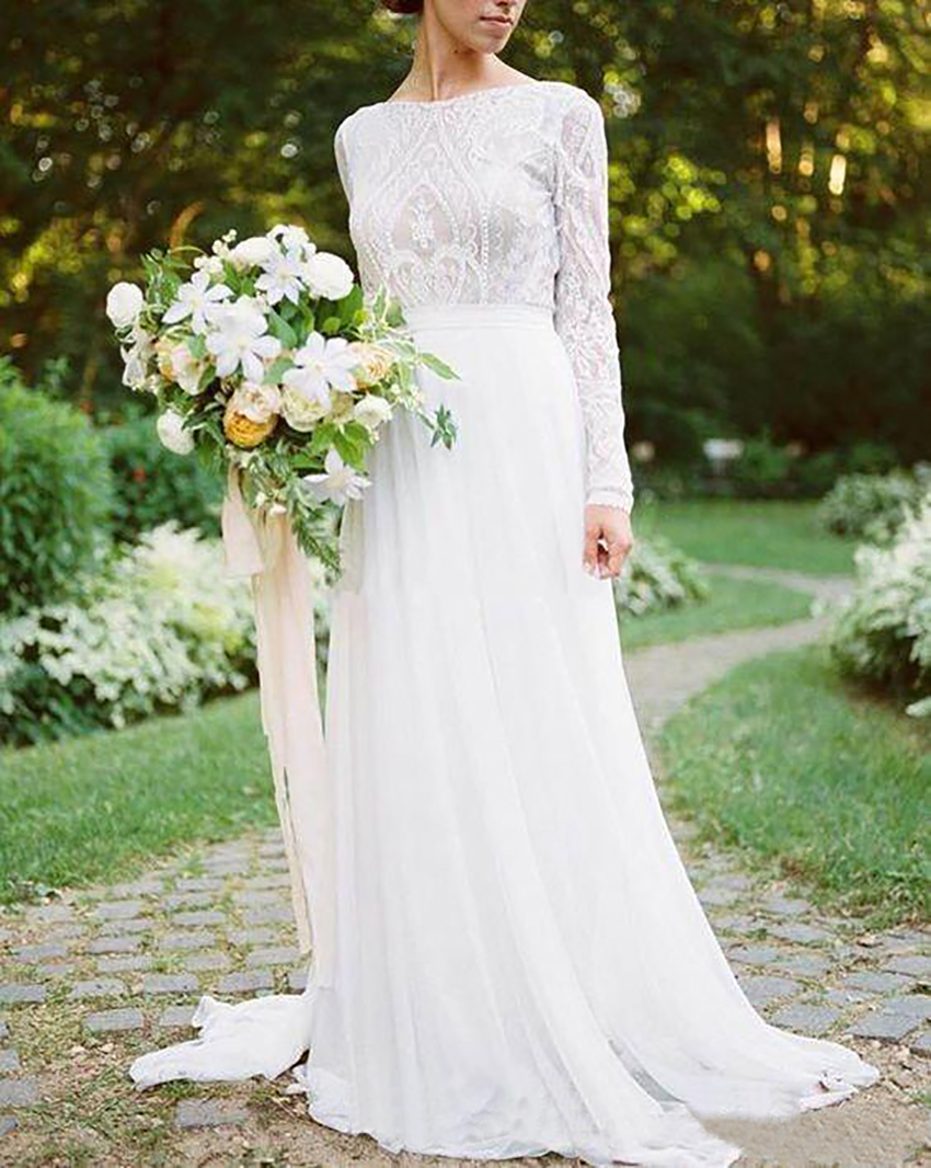 Country Style Bohemian Wedding Dresses A Line Sweep Train Lace Applique Beach Wedding Gowns Jewel Neck Chiffon Skirt Boho Bridal Dress