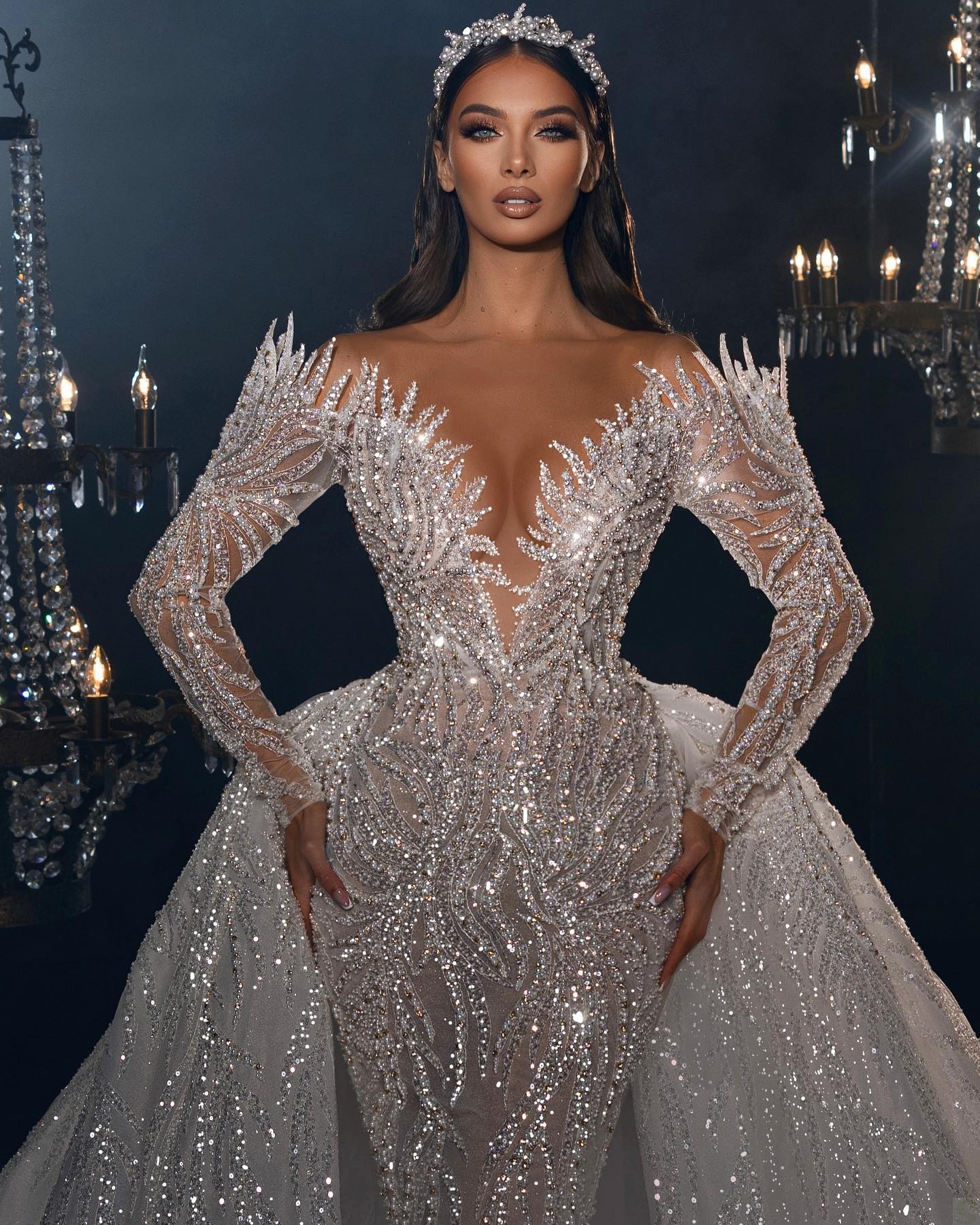 Shiny Mermaid Wedding Dresses Illusion Lace Bridal Gown Custom Made Beaded Crystal with Detachable Train Wedding Gowns