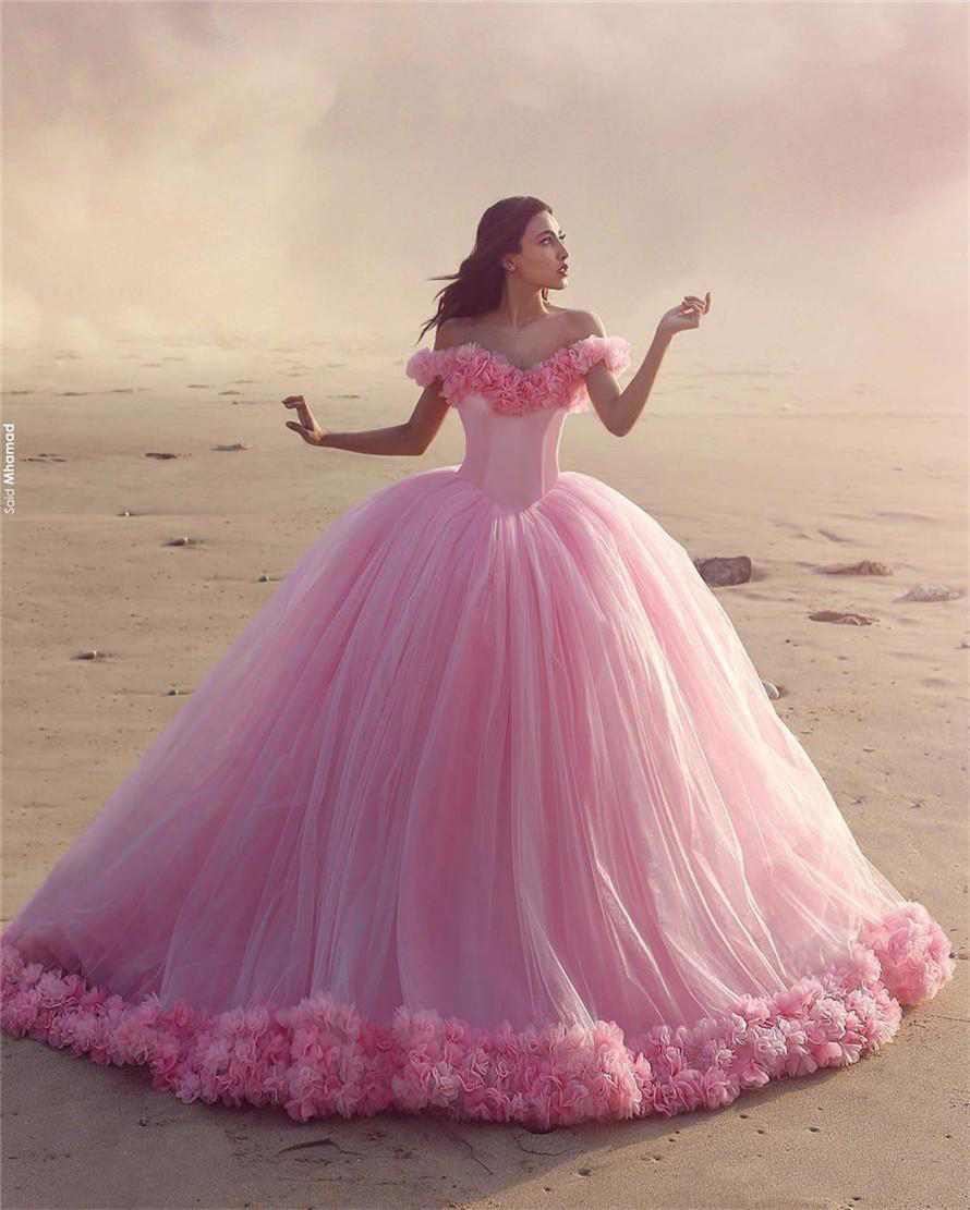 Pink Cloud 3D Flower Rose Wedding Dresses Long Tulle Puffy Ruffle Robe De Mariage Bridal Gown Said Mhamad Wedding Gown
