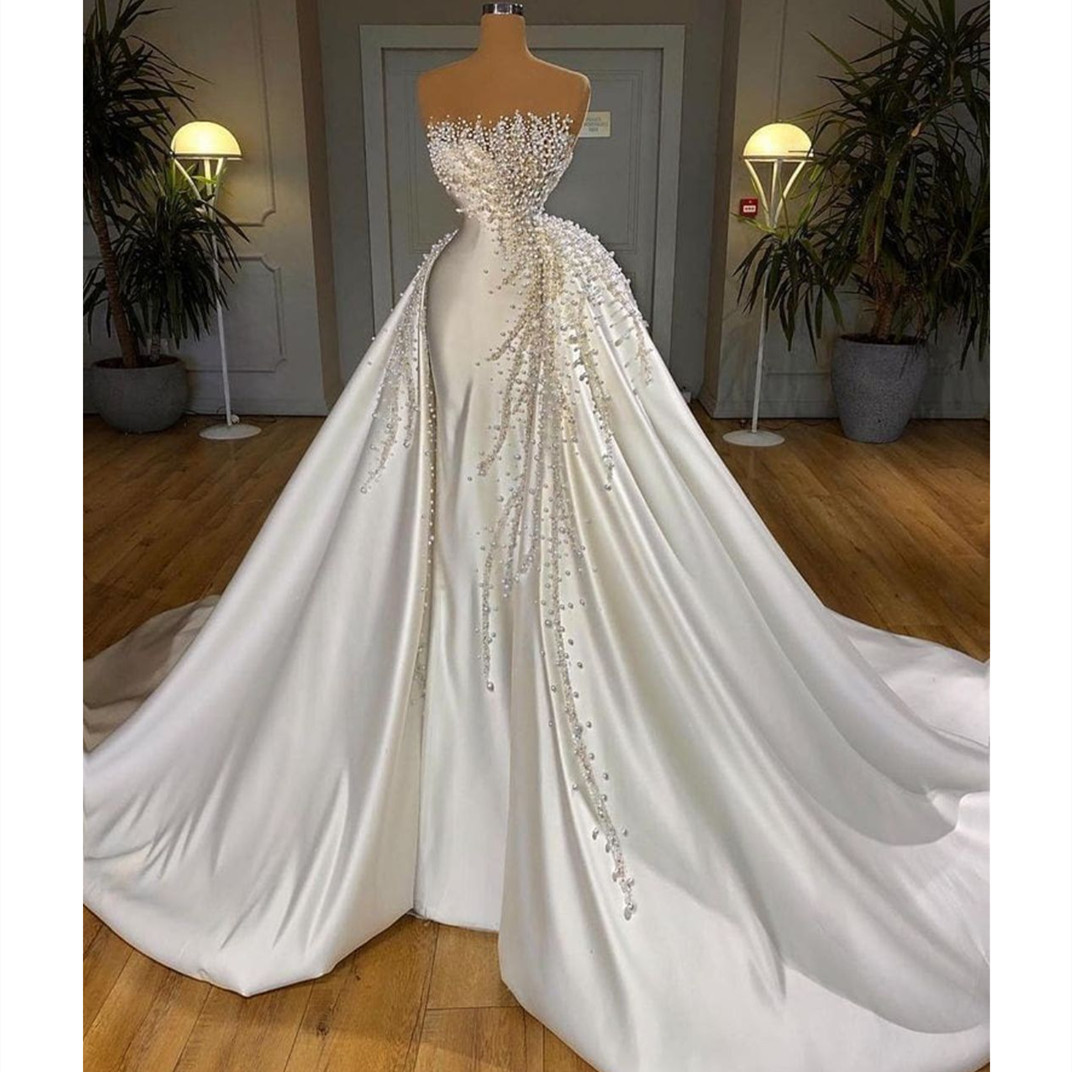 Luxury Mermaid Wedding Dresses Sleeveless Strapless Lace Appliqued Pearls Beaded Sweep Detachable Train Boho Wedding Dress Bridal Gowns Sleeves abiti 