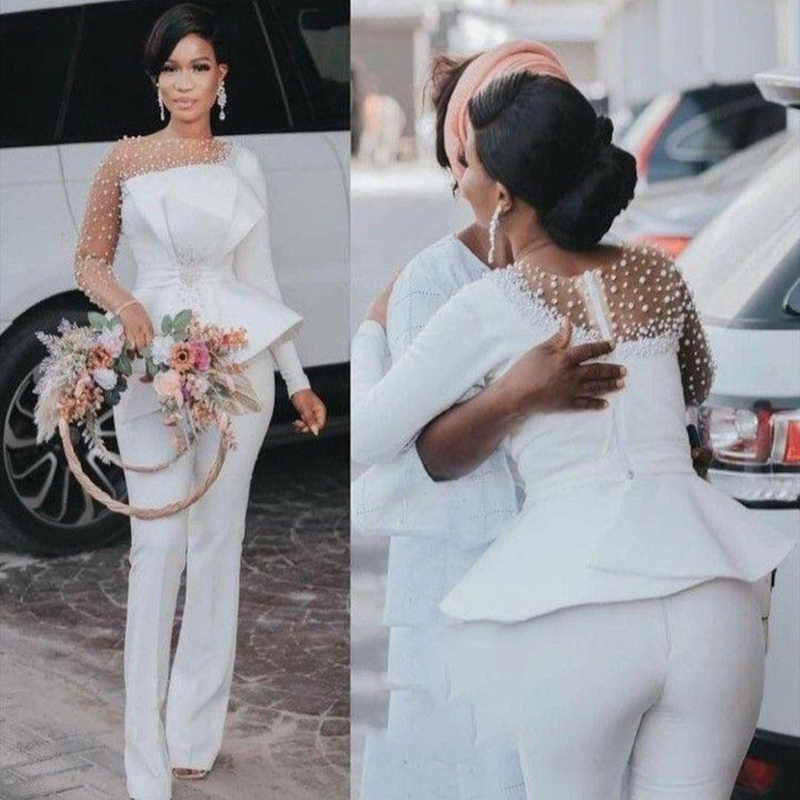 Bohemian White Jumpsuit Wedding Dress 2023 With Pearls O Neck Long Sleeve Satin Boho Beach Bridal Dresses With Big Bow African Black Girls Women Count