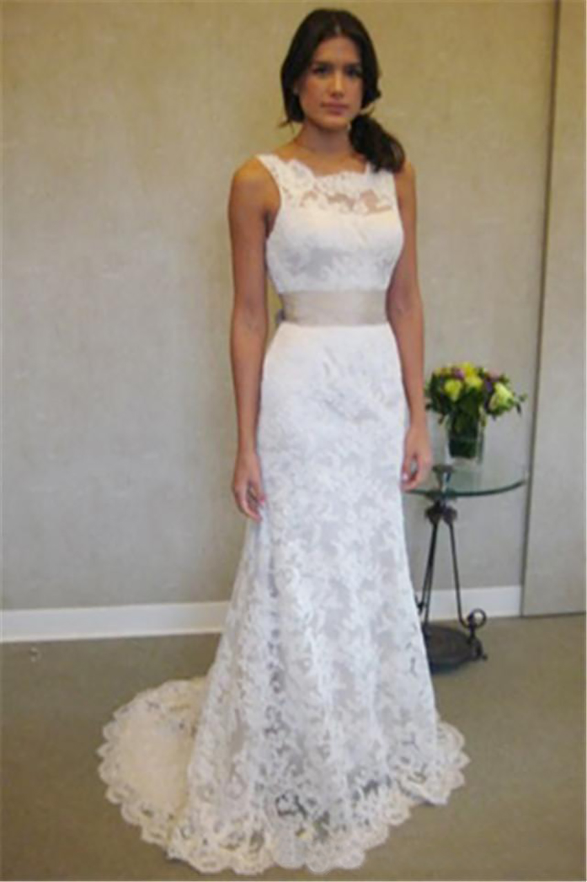 Sheath Dress High Neck Mermaid Lace Plus Size Wedding Dresses With Sash vestidos de festa curto e elegante para casamento