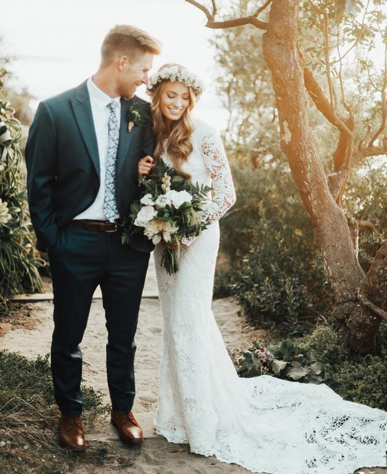 Beach Full Lace Dresses Long Sleeves Boho Plus Size Sweep Train Bohemian Wedding Dress Country Bridal Gowns vestidos de novia