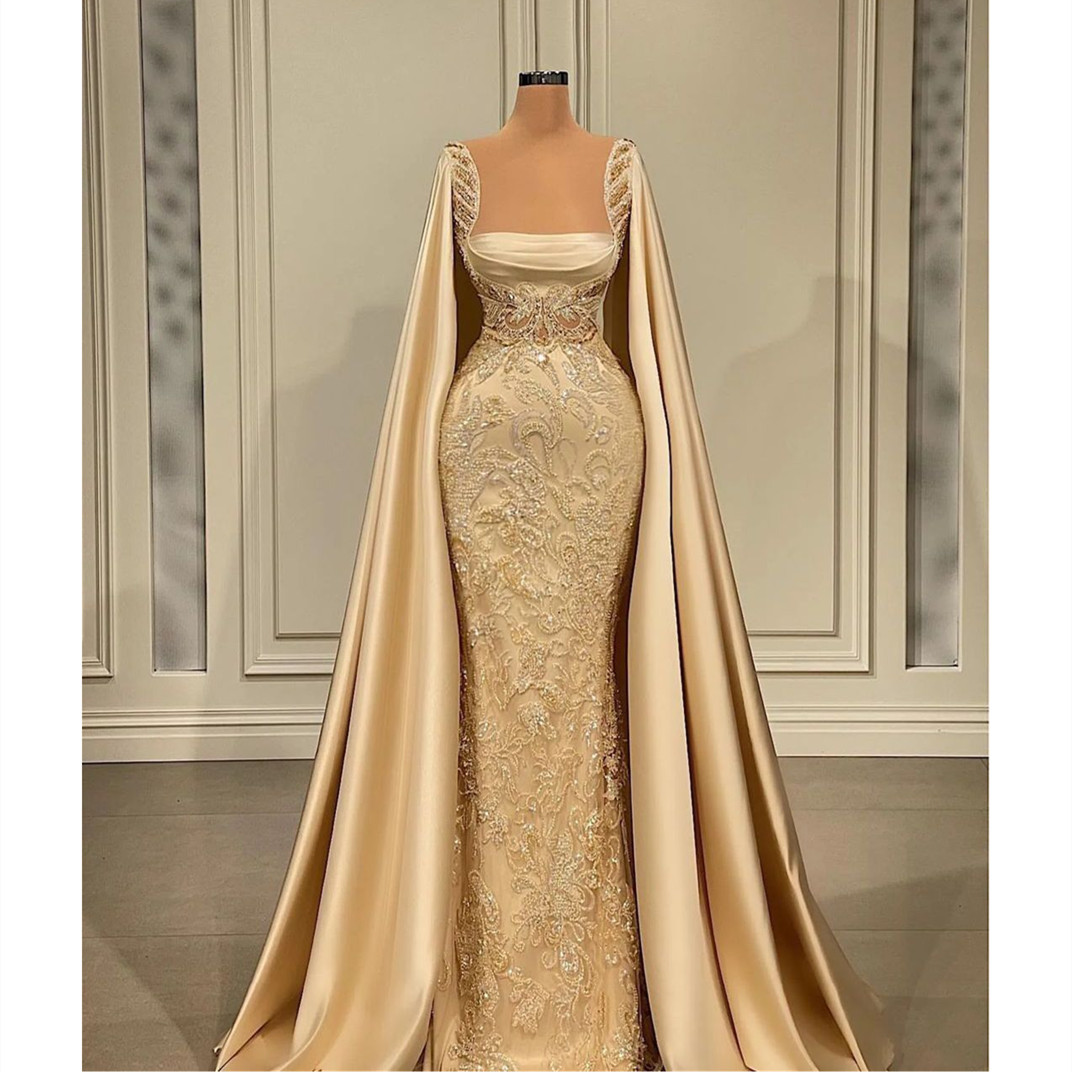 Gold New Arrival Mermaid Evening Dresses Bateau Sleeveless Capes Satin Lace Ruffles Sequins Appliques Embroidery Elegant Celebrity Prom Dress Plus Siz