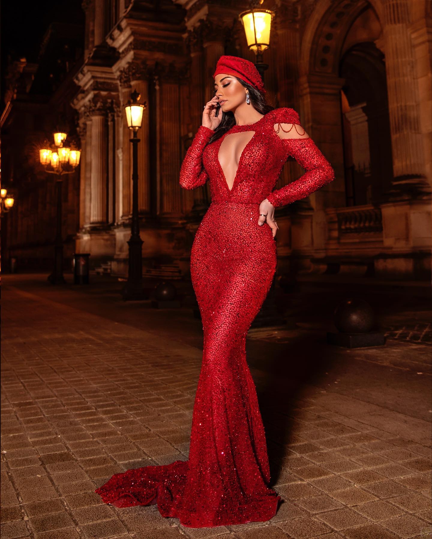 Shiny Red Mermaid Prom Dresses Sequined Lace Tassels Party Dresses Long Sleeves Illusion Custom Made Evening Dress