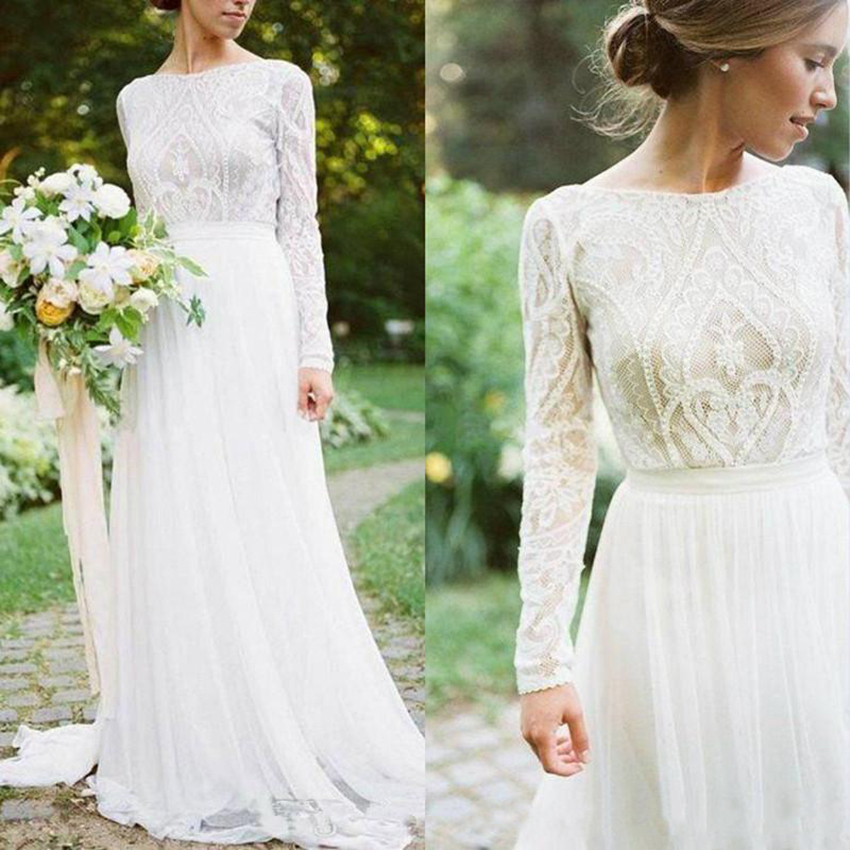 Country Style Bohemian Wedding Dresses A Line Sweep Train Lace Applique Beach Wedding Gowns Jewel Neck Chiffon Skirt Boho Bridal Dress