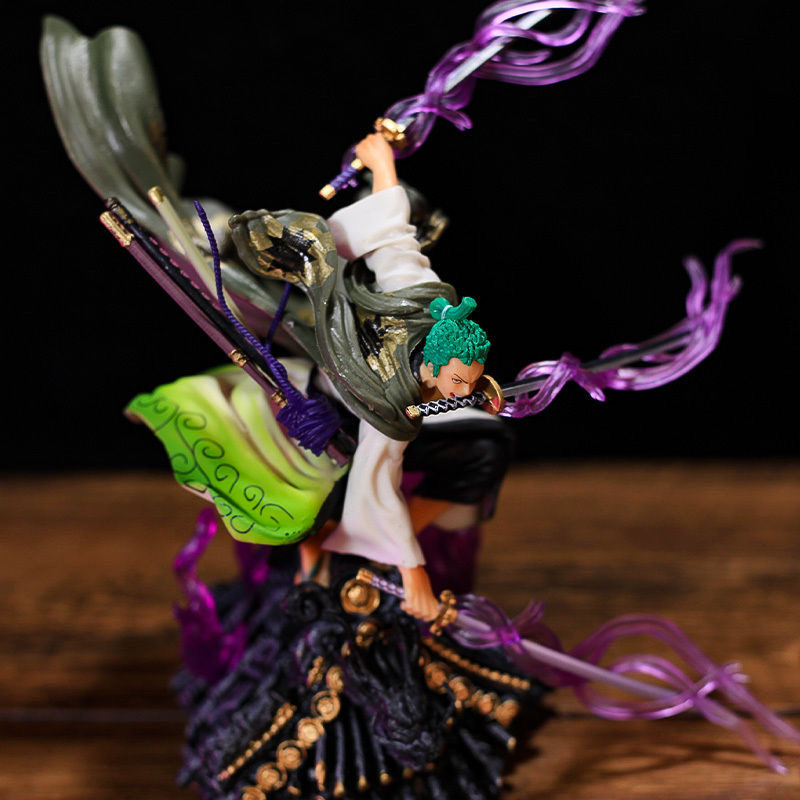 Novelty Games Anime One Piece Roronoa Zoro Figure GK Wano Kingdom Roof Roronoa Zoro Three Sword Model Double Head OPP Bagged Without Box